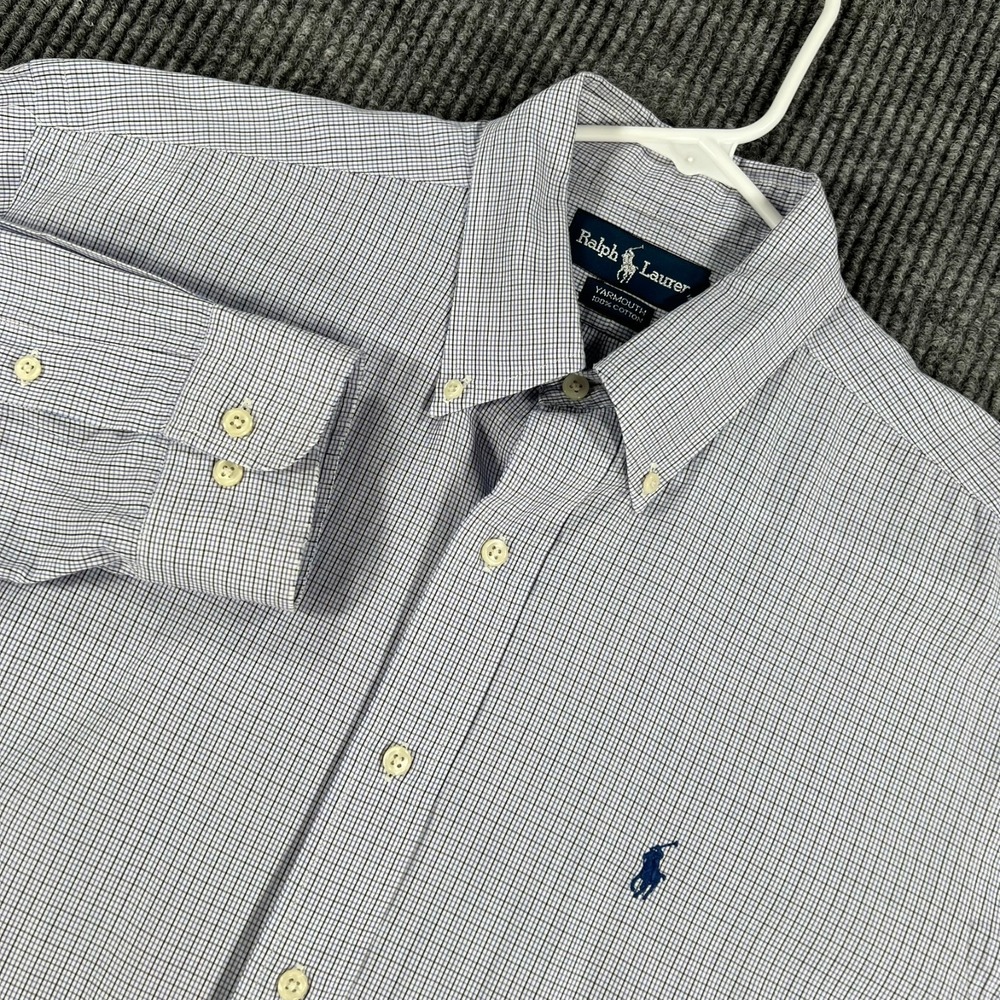 Ralph Lauren Shirt Mens 16 Large Blue Check Long Sleeve Button Down Yarmouth